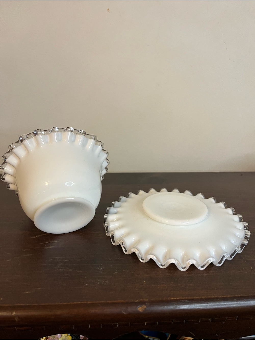 Vintage Fenton Silver Crest ruffled milk glass mayonnaise set bowl & dish - Picture 5 of 9